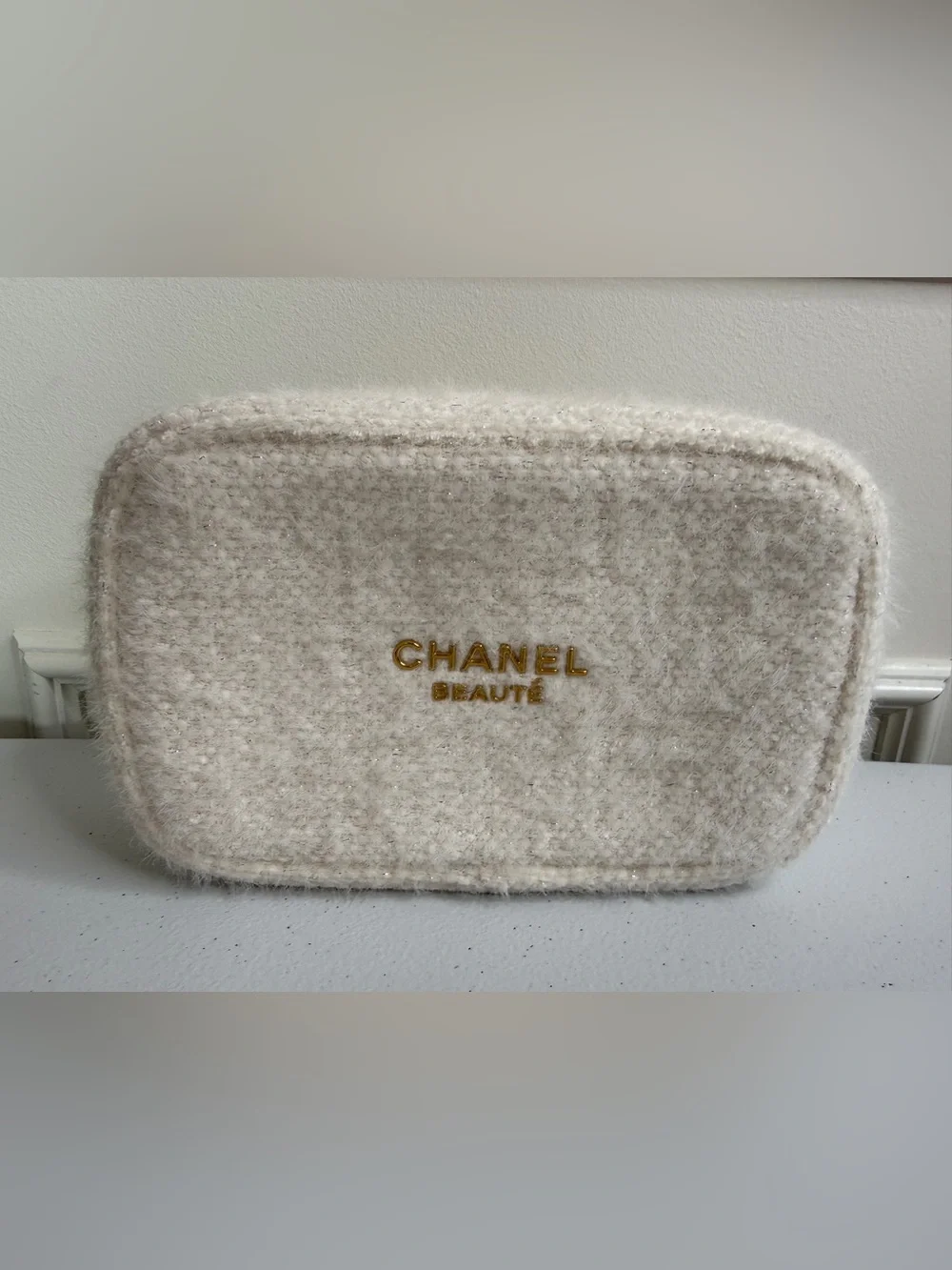 CHANEL Holiday Cream Textured Beauty Pouch with Gold Logo